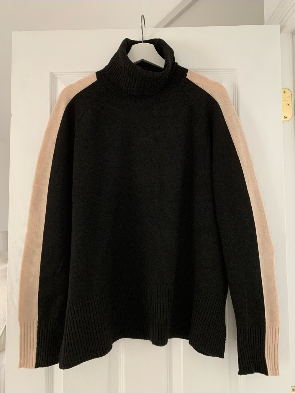 Sweet Romeo Black Turtleneck Sweater with Cream Shoulder Stripes